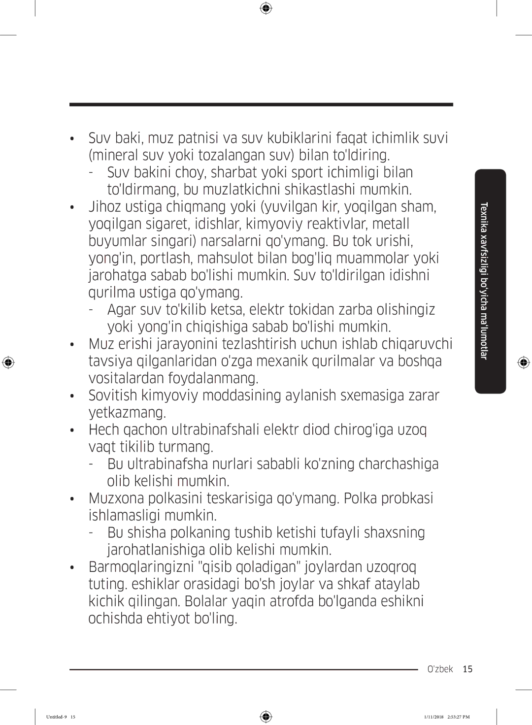 Samsung RT46K6360SL/WT, RT46K6360EF/WT, RT53K6340UT/WT, RT43K6000EF/WT, RT43K6360WW/WT, RT53K6340SL/WT manual Ozbek  